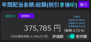 夫の年間配当金額(税引き後)375,785円。マネーフォワードの配当画面