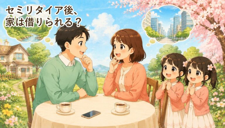 夫婦がテーブルでセミリタイア後の住まいを話し合うイラスト。それぞれ田舎と都会を思い描いている