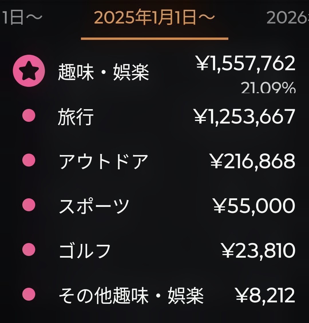 マネーフォワードの2025年の年間集計。旅行1,253,667円、アウトドア216,868円と表示されている