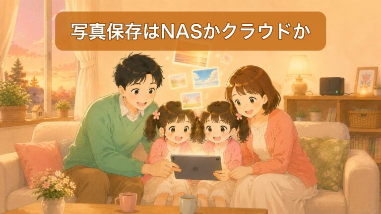 リビングのソファで家族4人がタブレットの写真を見返しているイラスト。棚には家庭用のデータ保存装置