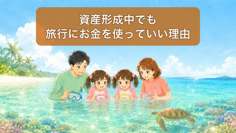 南の島の浅瀬でシュノーケリングをする家族4人とウミガメのイラスト